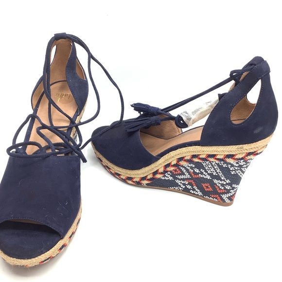 Cabi Isla Navy Suede Wedge Espadrille Boho Sandals - Picture 2 of 5